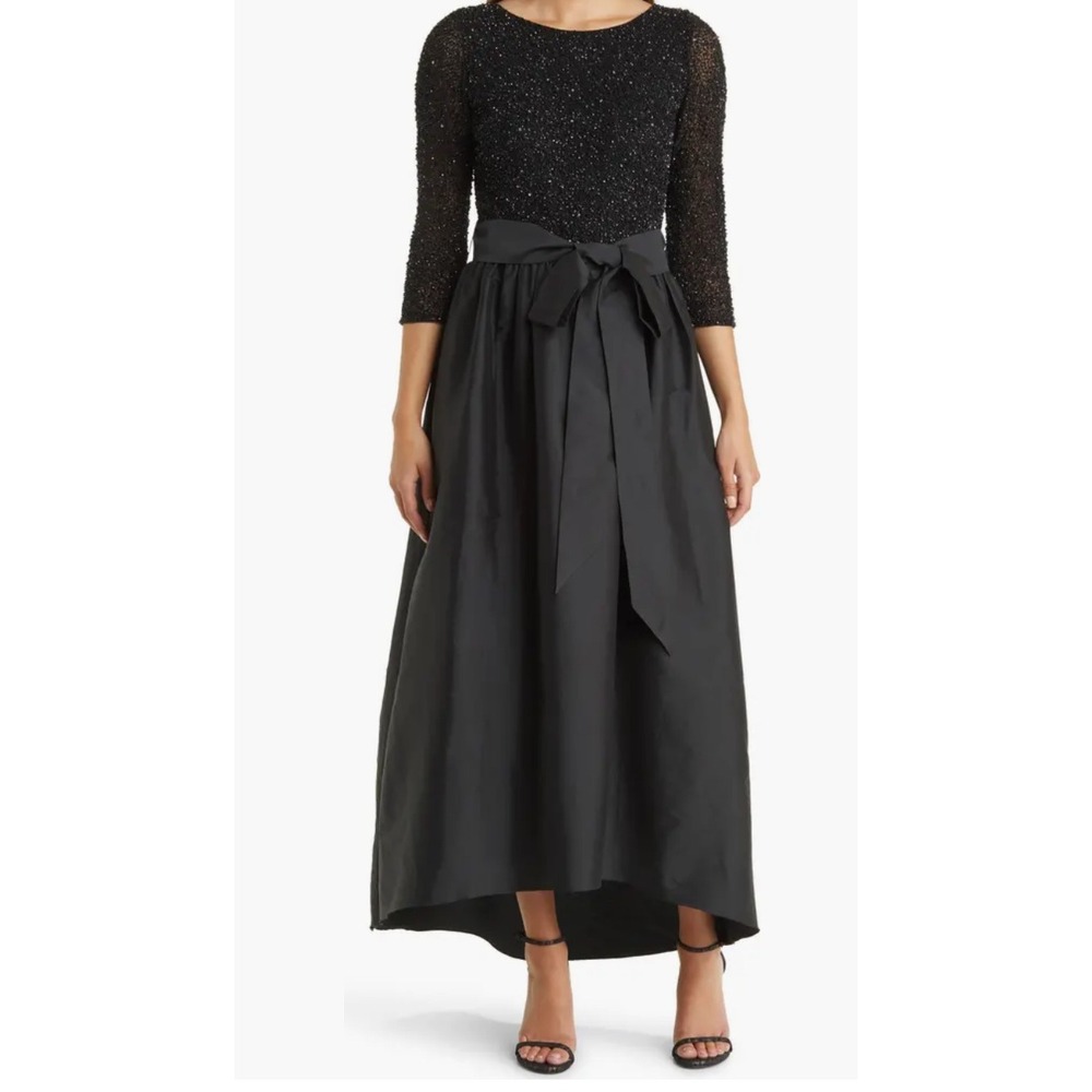 Pisano Nights Beaded Bodice Taffeta A-Line Gown Black Gunmetal Bow Hi-Low 4 NWT